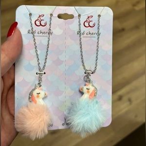 2pcs Toddler Girls' Cute Plush Ball & Resin Unicorn Pendant Necklaces For Autumn